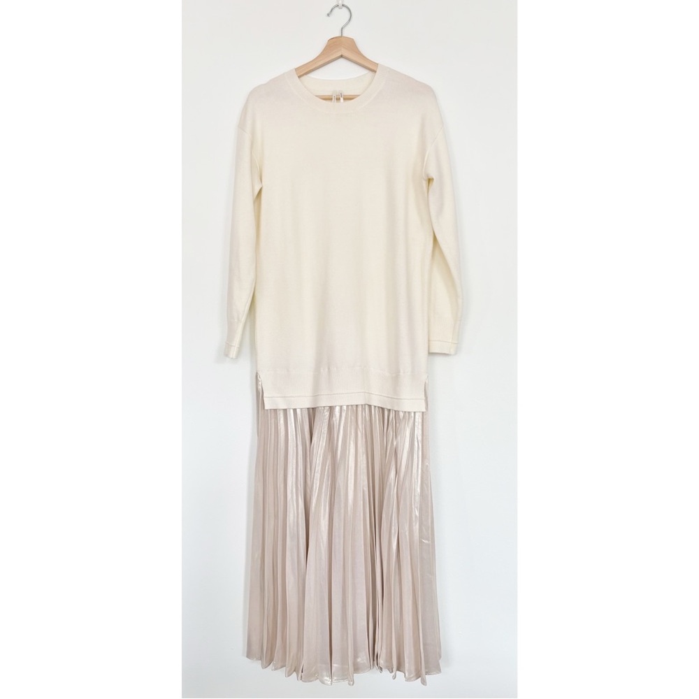 Anthropologie || Pleated Twofer Sweater Dress Satin Metallic Cream Ivory‎ XS - Picture 2 of 9